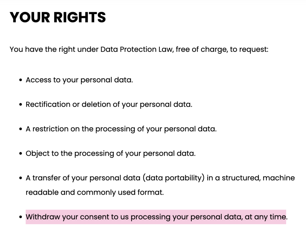 GDPR privacy policy- consent withdrawal 