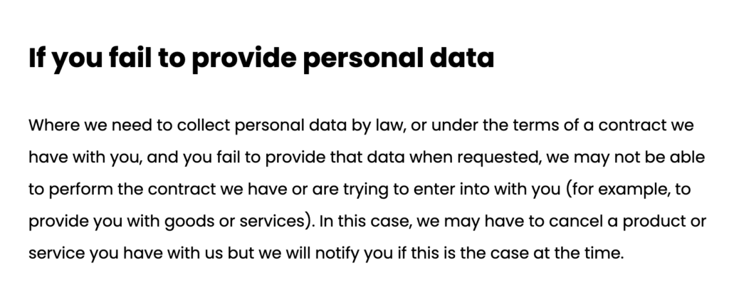 GDPR privacy policy- consequences for not providing personal data